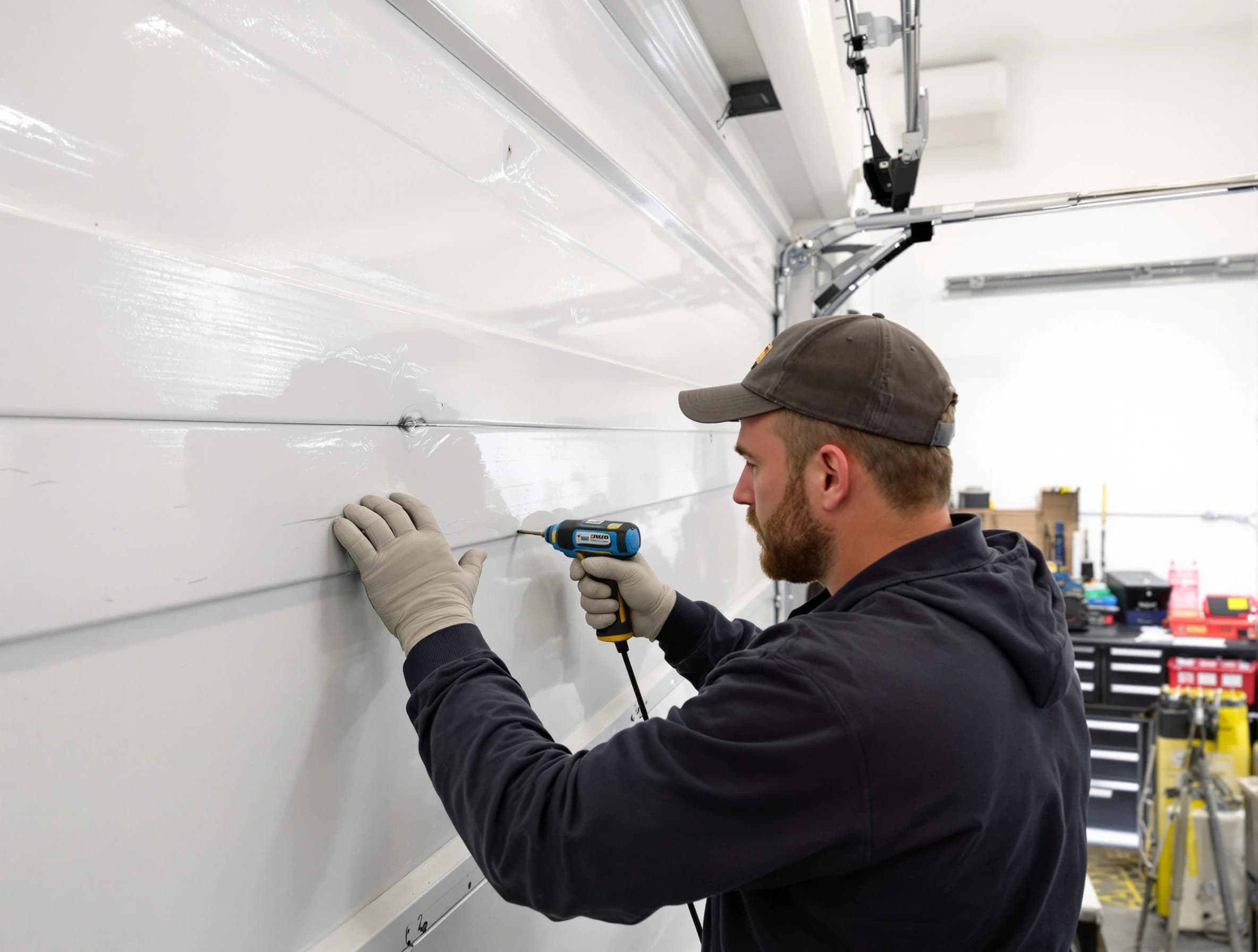 Lake of the Woods Garage Door Repair technician demonstrating precision dent removal techniques on a Lake of the Woods garage door